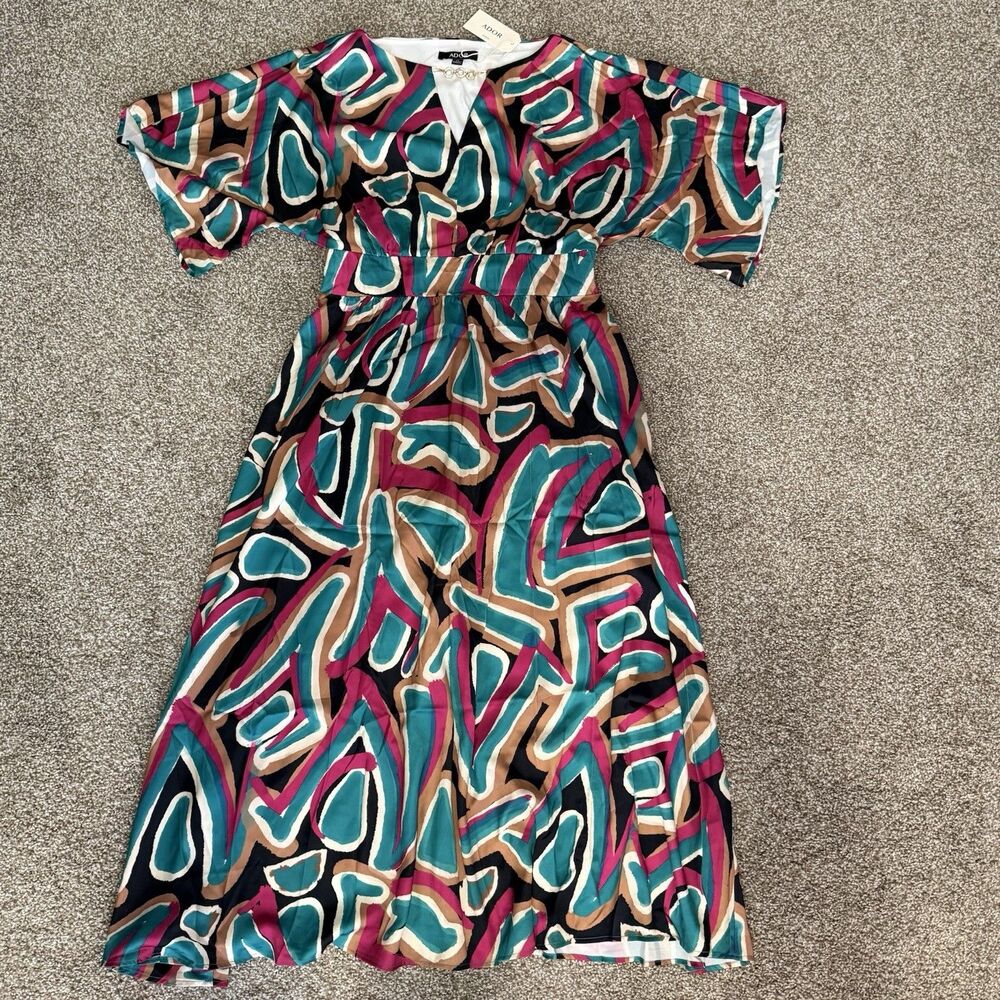ADOR Abstract Maxi Dress Women's Medium Pockets Cinched Waist Batwing Sleeve